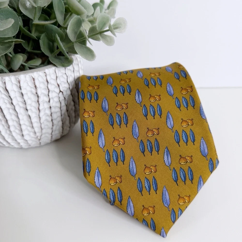 NWOT Brooks‎ Brothers Silk Necktie Acorns Feathers Brown Blue 3 5/8